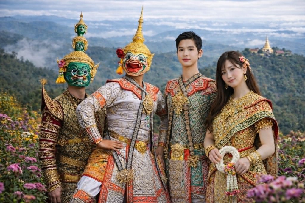 Traditional Thai Attire in Mountain Flower Field