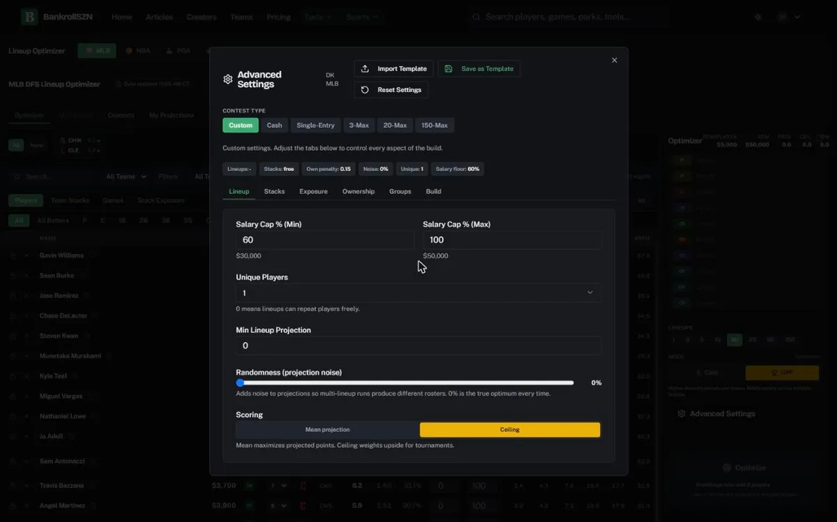 MLB Advanced Settings with the Contest Type presets