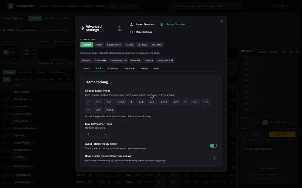 The MLB Stacks tab with stack types and pitcher options