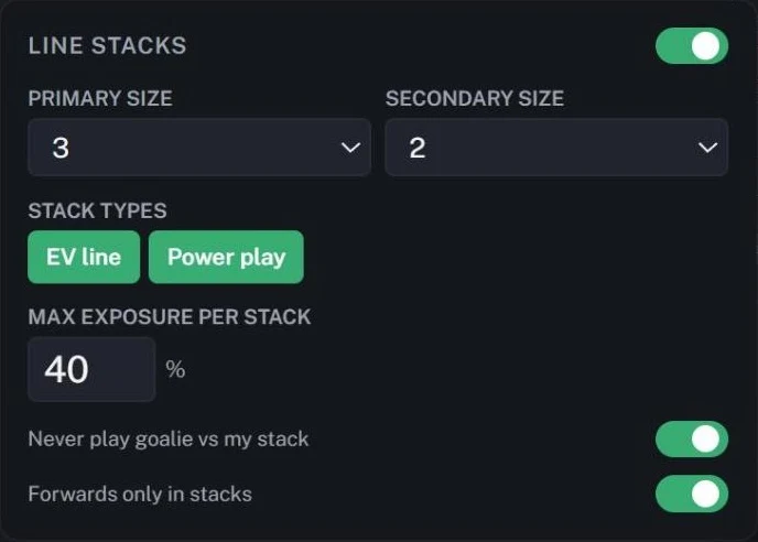 The NHL Line Stacks panel