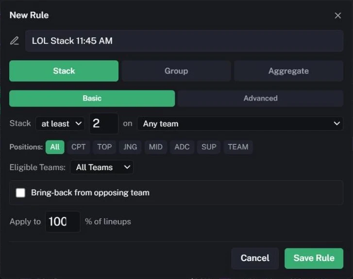 The LoL New Rule dialog with a stack rule on any team