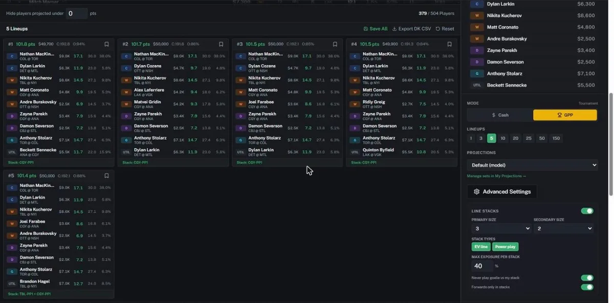 Built NHL lineups with the stack shown on each card