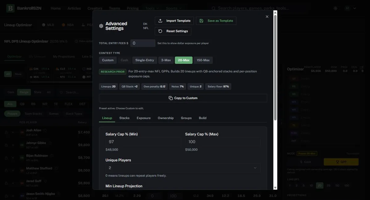 Advanced Settings with the 20-Max preset selected