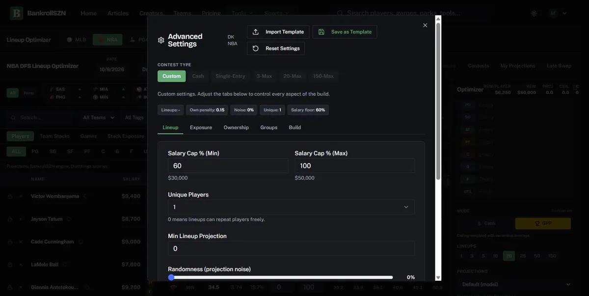 The NBA Advanced Settings Lineup tab