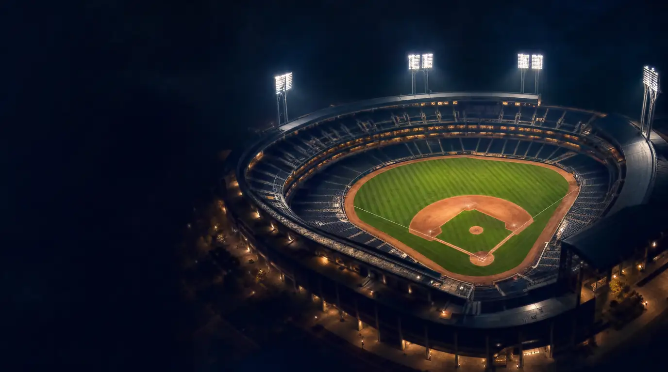Aerial view of a baseball stadium at night