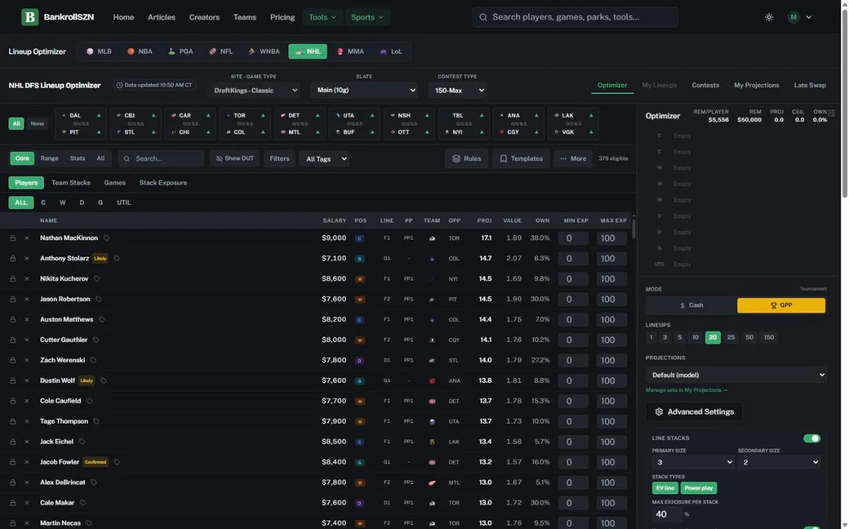 The NHL lineup optimizer with the Line and PP columns