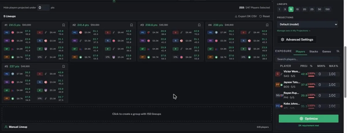 Built lineups with the exposure panel open in the sidebar