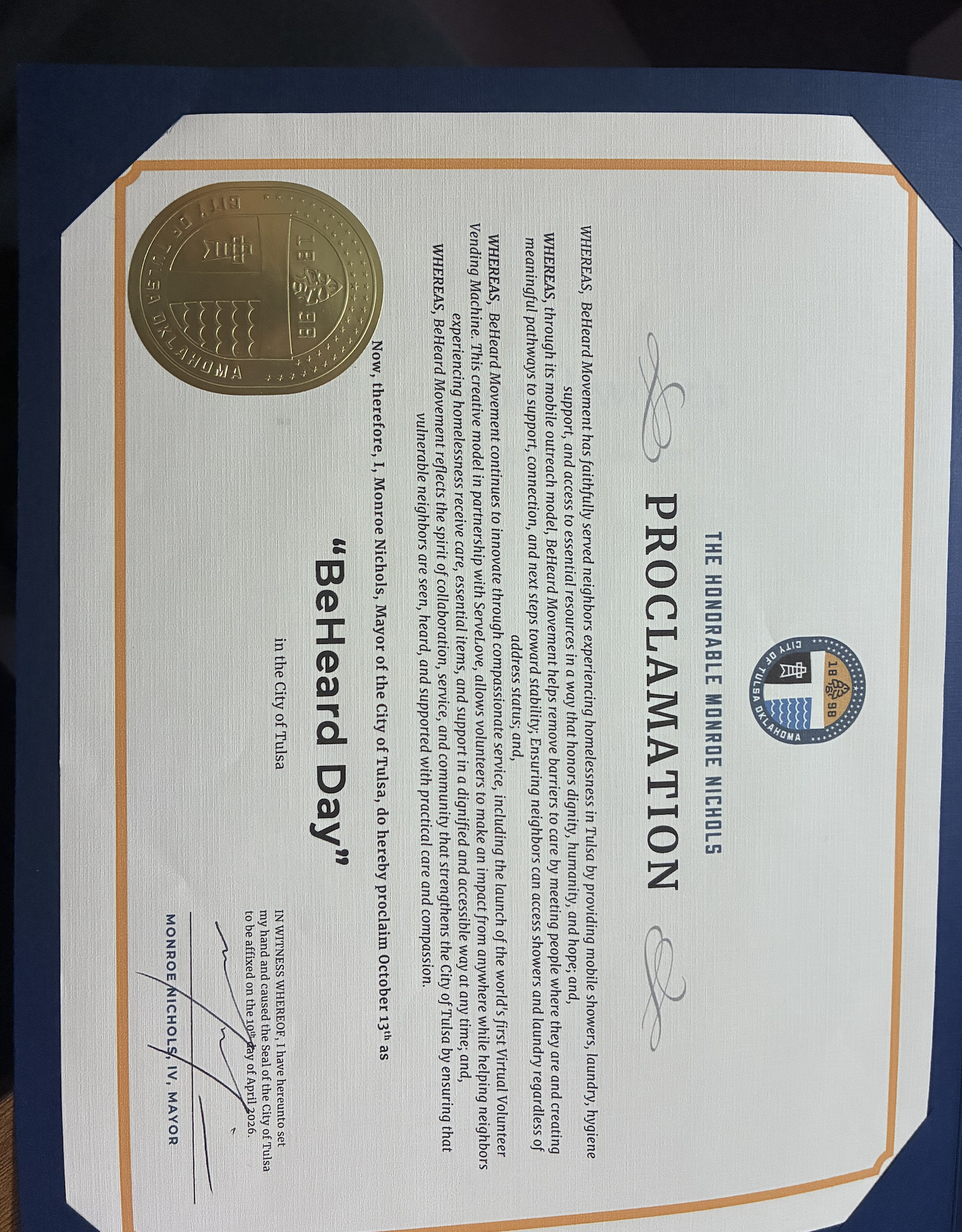 City of Tulsa proclamation declaring October 13th as BeHeard Day