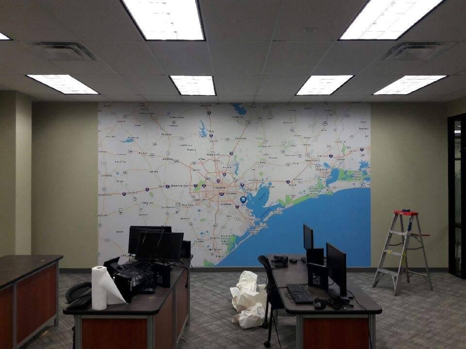 Large format Houston area map wall wrap in an office