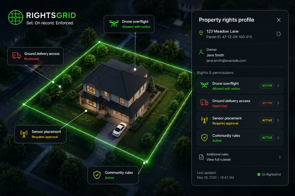 Property rights profile showing drone, delivery, sensor, and community rules permissions