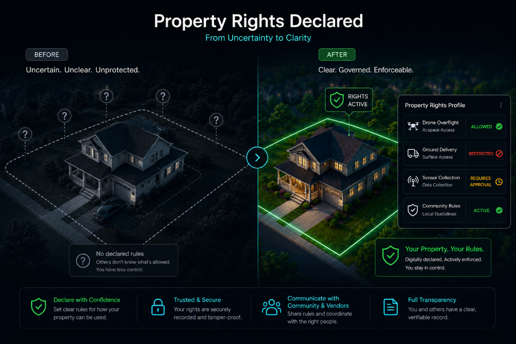 Property Rights Declared — Before and After showing clarity with RightsGrid