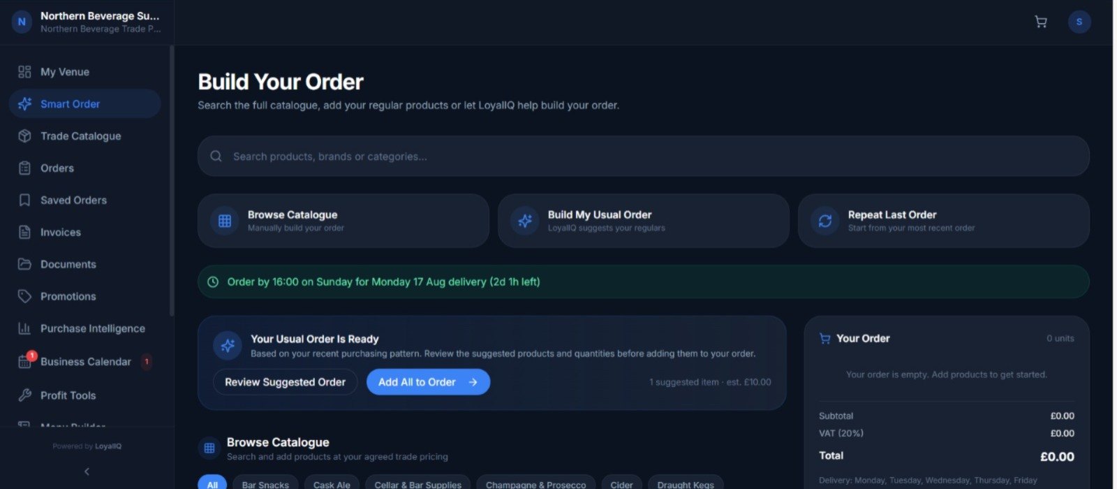 LoyalIQ Smart Order screen with reorder suggestions, favourites and saved orders