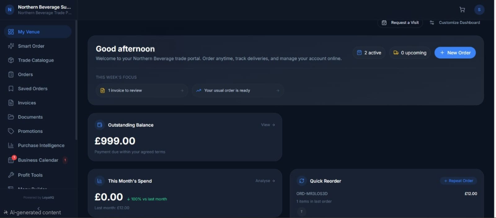 LoyalIQ venue dashboard showing next delivery, outstanding balance, monthly spend, quick reorder, frequently purchased products and important actions