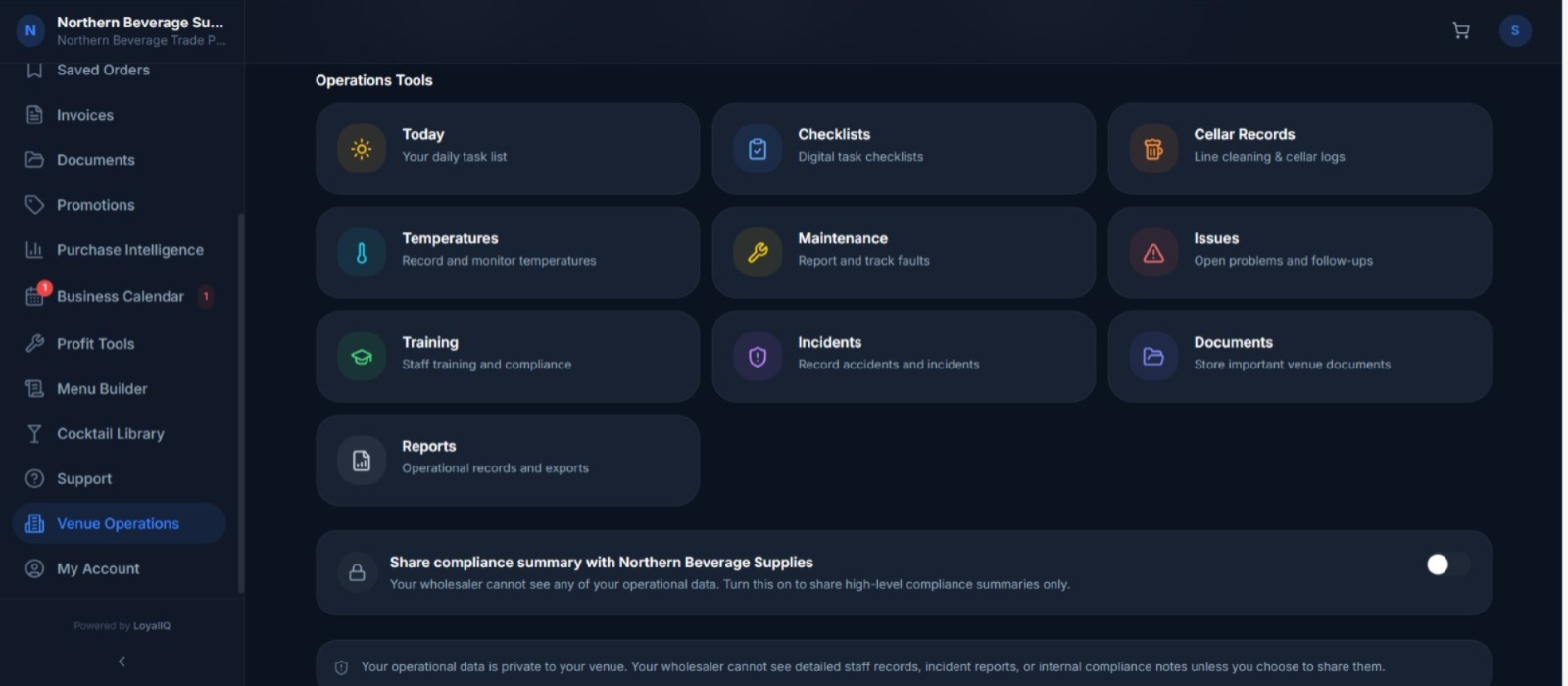LoyalIQ opening, closing and cellar checklists with completion tracking