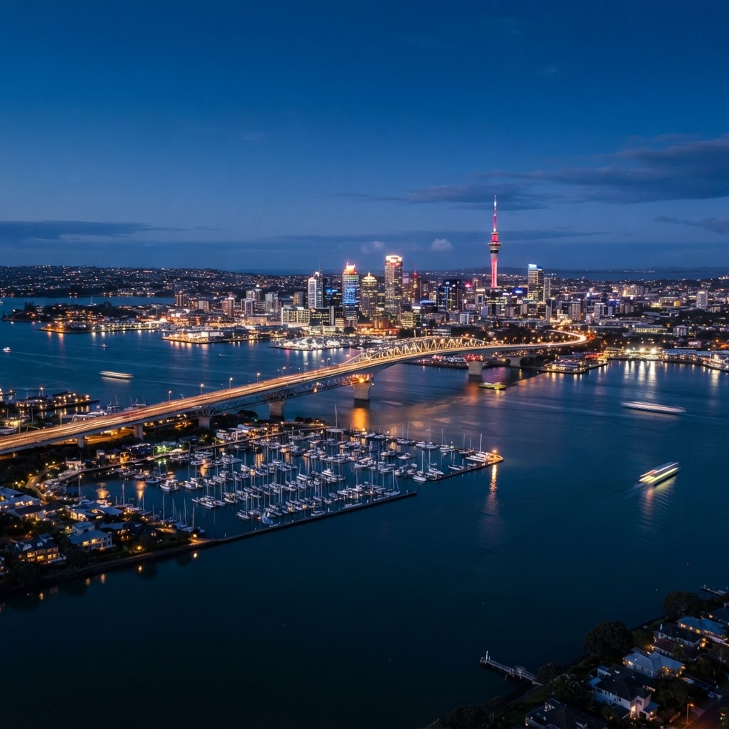 Auckland harbour and skyline at blue hour