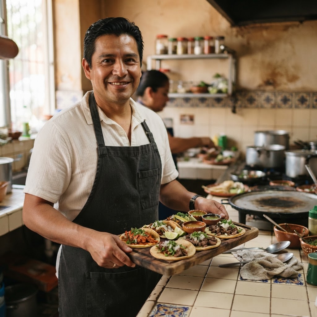 Imagen ilustrativa de un cocinero preparando pedidos en un pequeño restaurante