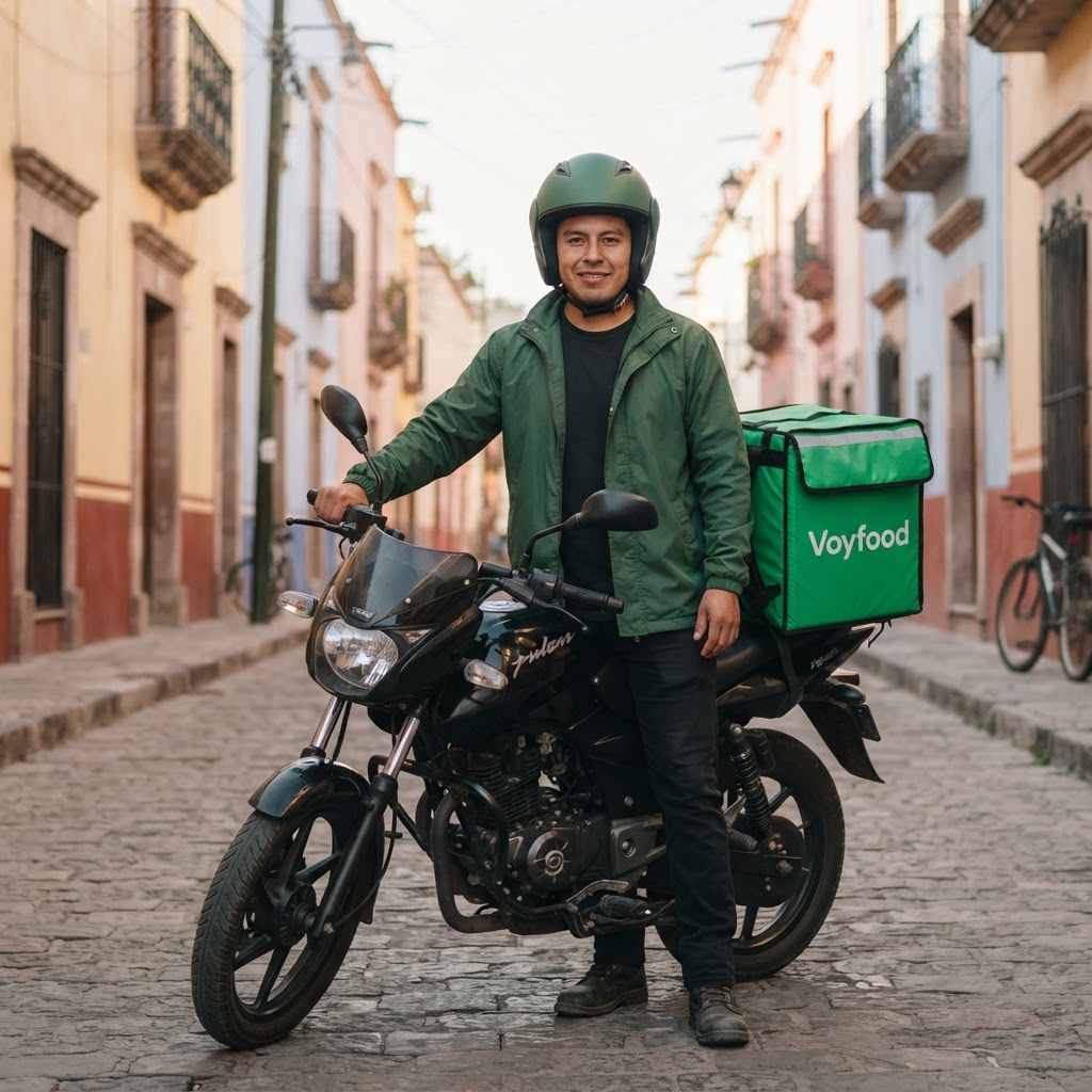 Imagen ilustrativa de un repartidor Voyfood junto a su motocicleta y mochila verde en una calle de Guanajuato