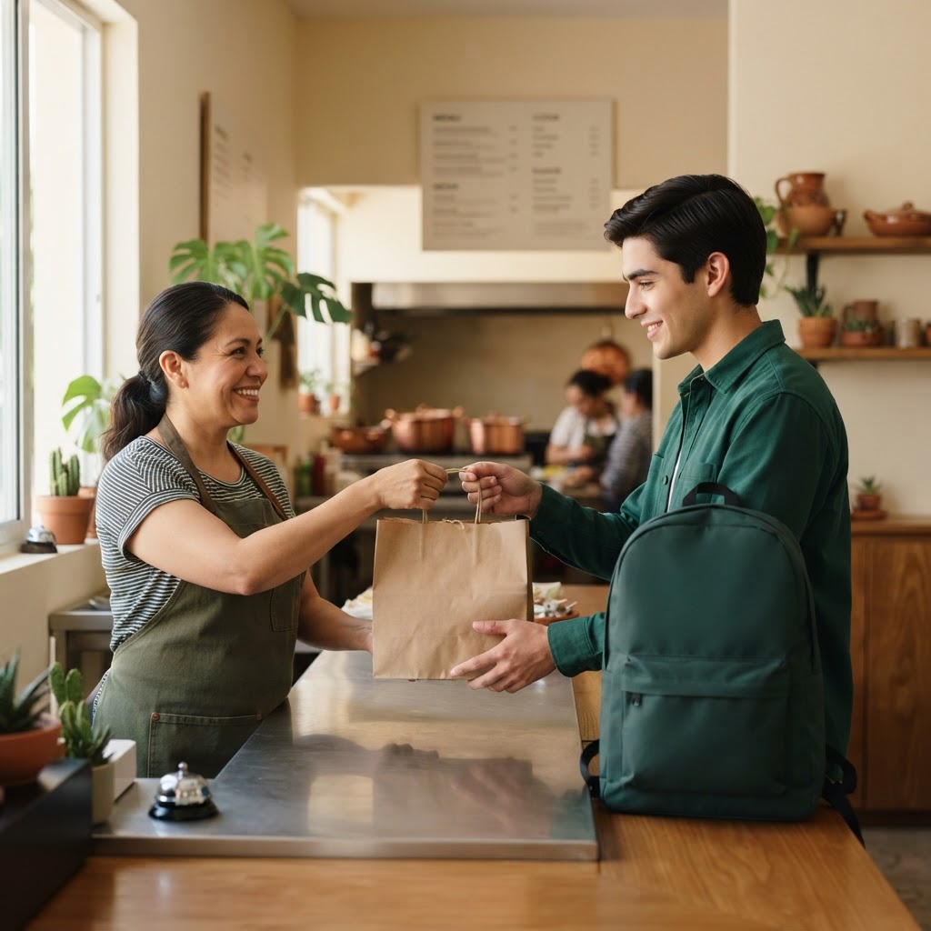 Una dueña de restaurante entrega un pedido a un repartidor