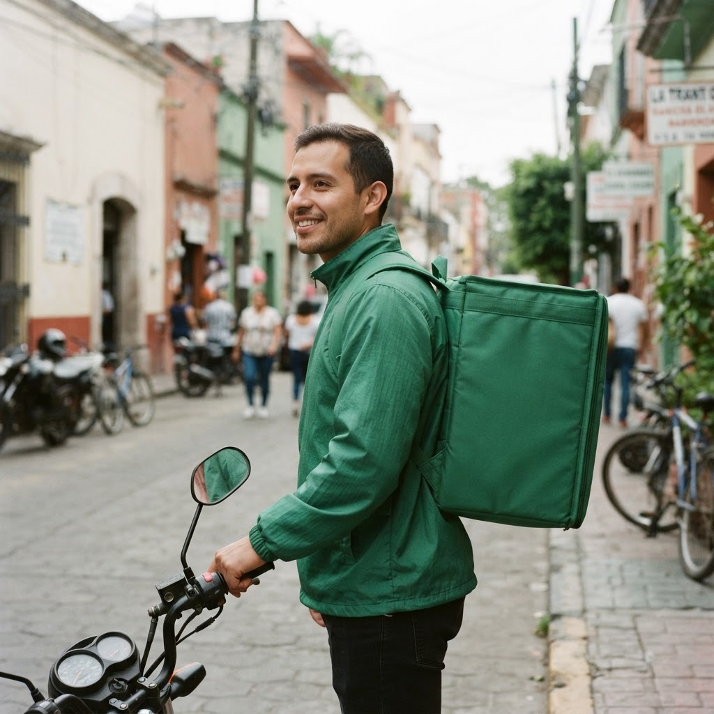 Imagen ilustrativa de un repartidor con mochila verde y motocicleta