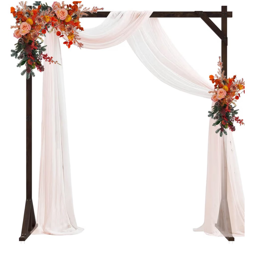 Dark Walnut Square Wedding Arch with Draping & Florals