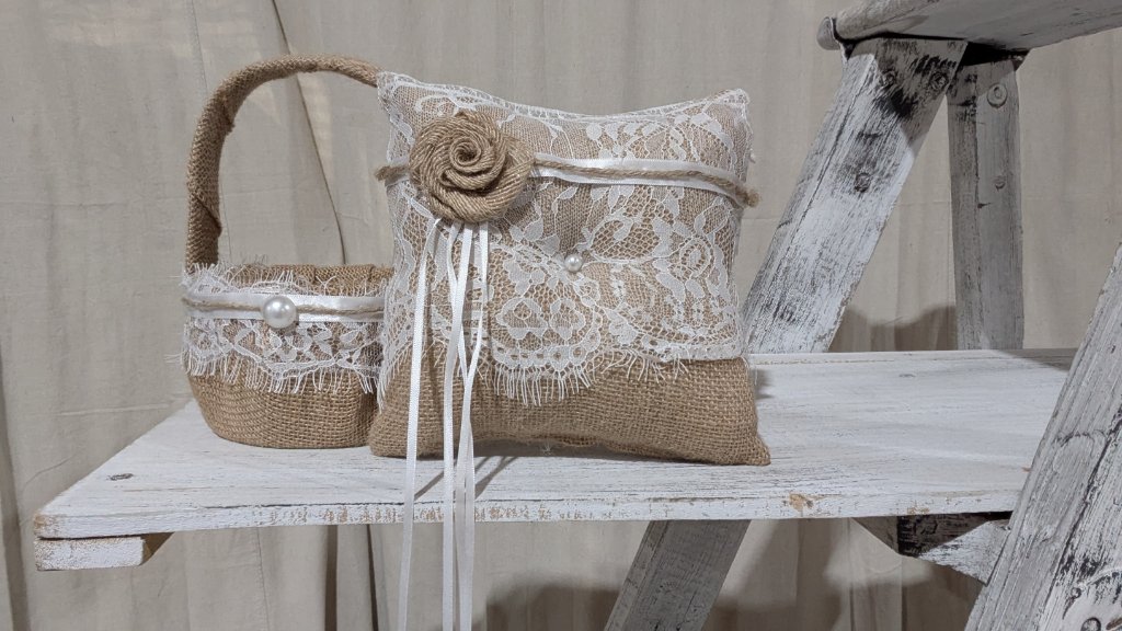 Burlap & Lace Flower Girl Basket & Ring Bearer Pillow Set