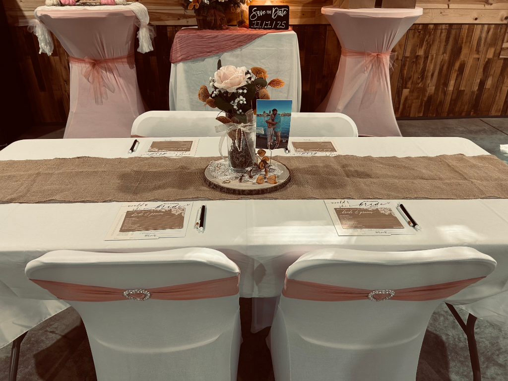 White Spandex Chair Covers with Pink Sash & Rhinestone Buckle