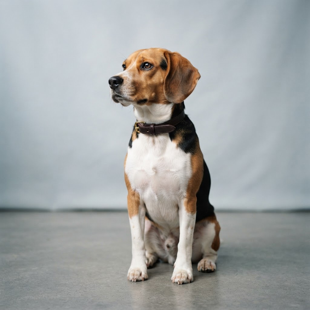 Hound sitting up, looking attentively at its owner
