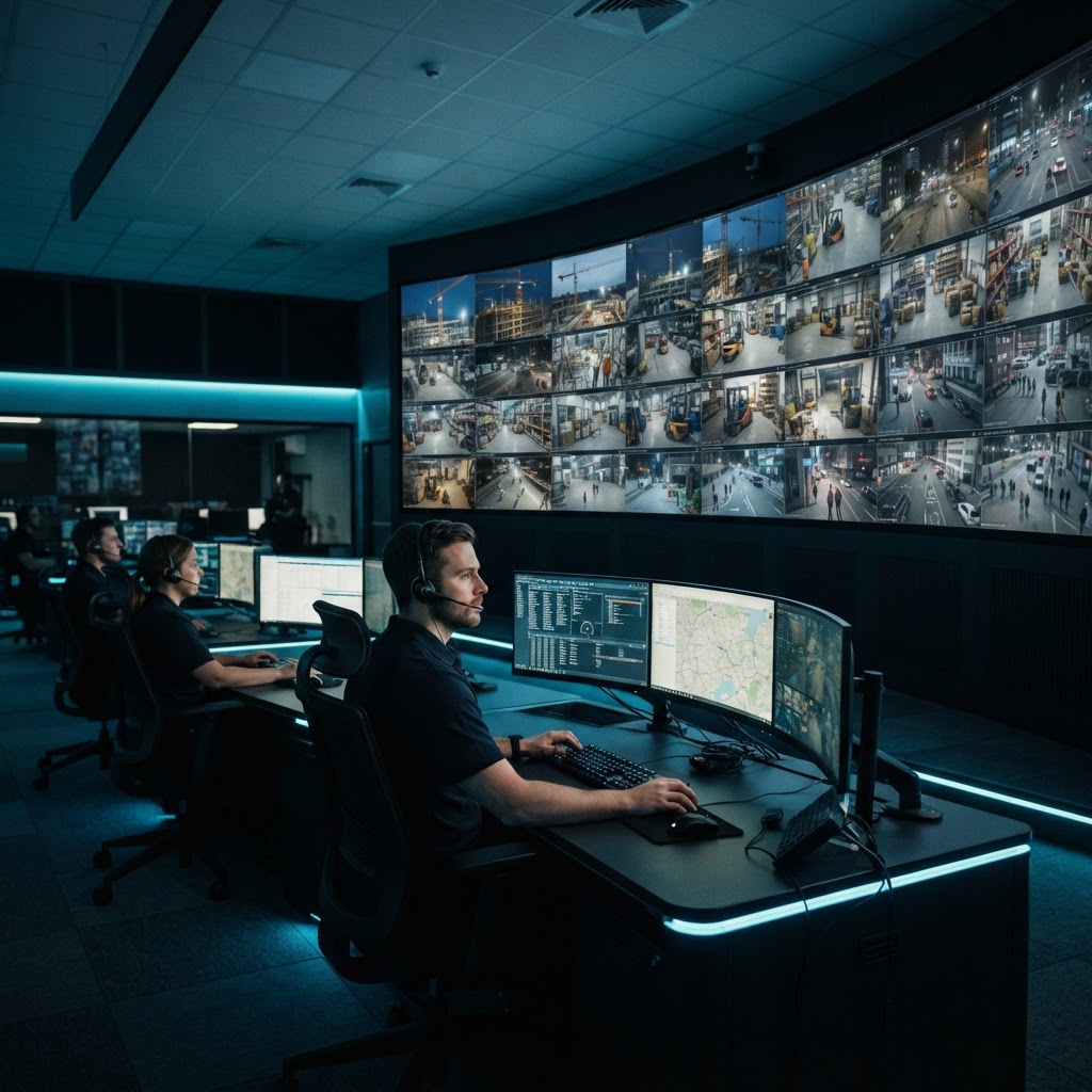 Hero wall — live CCTV monitoring room, operators with headsets at multi-monitor desks