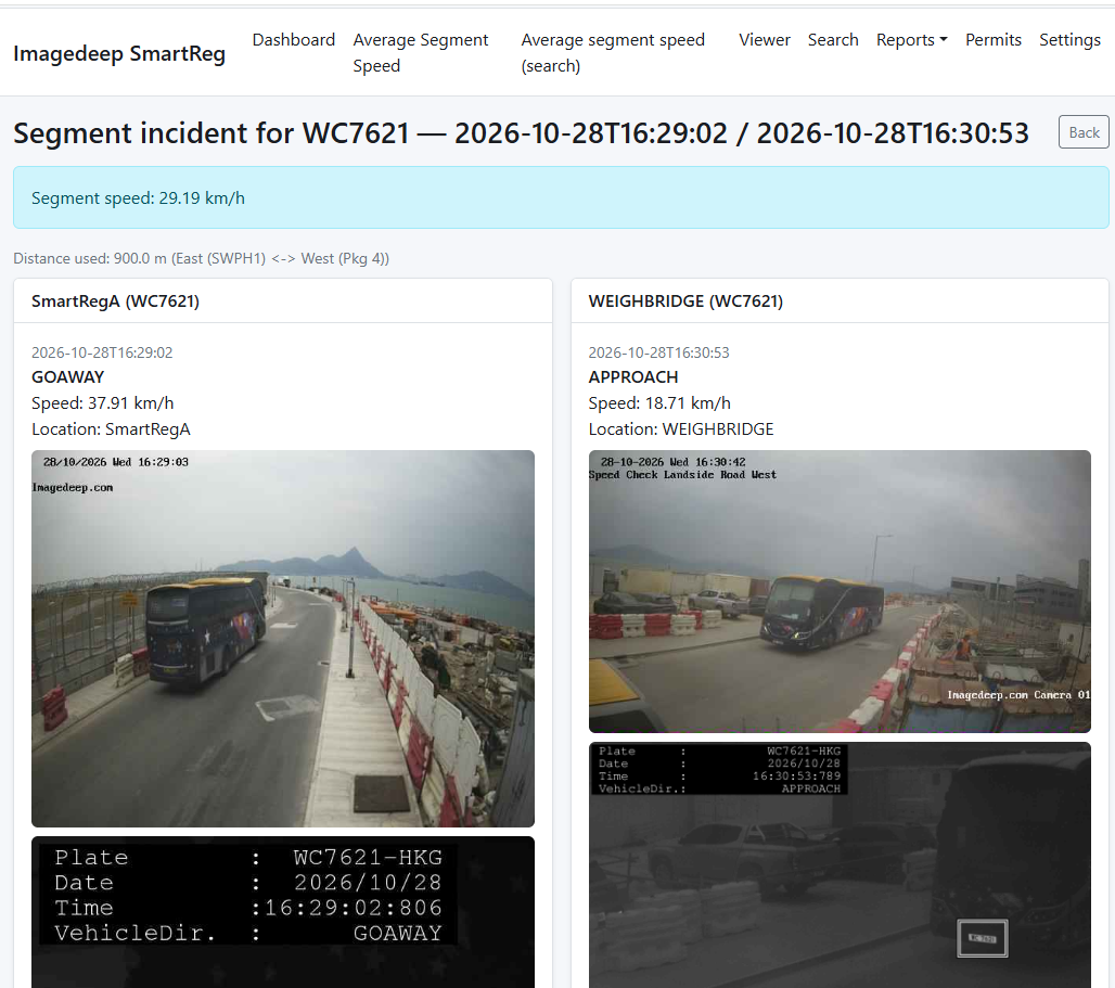 SmartReg law-enforcement screen showing a hotlist hit on a passing vehicle, with plate, timestamps and both capture points