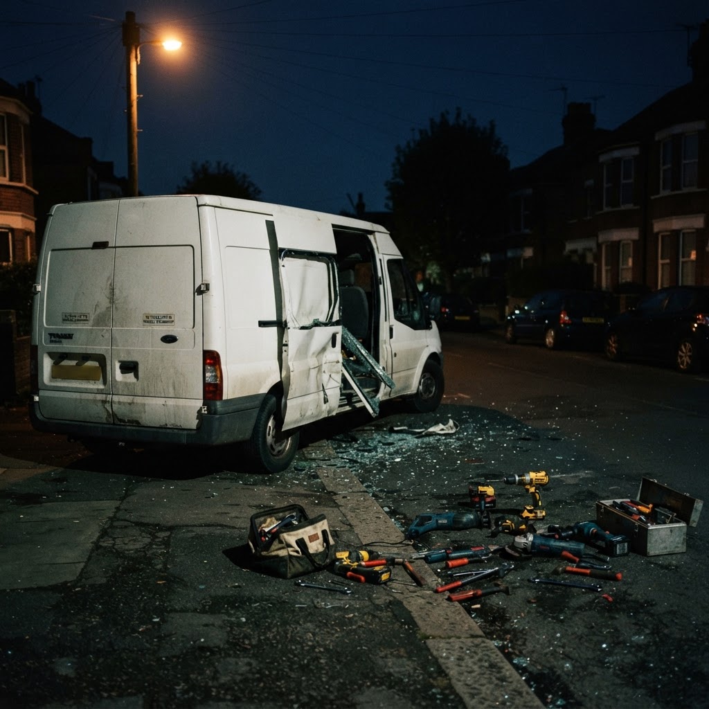 Illustrative tradesman vans & trucks scene