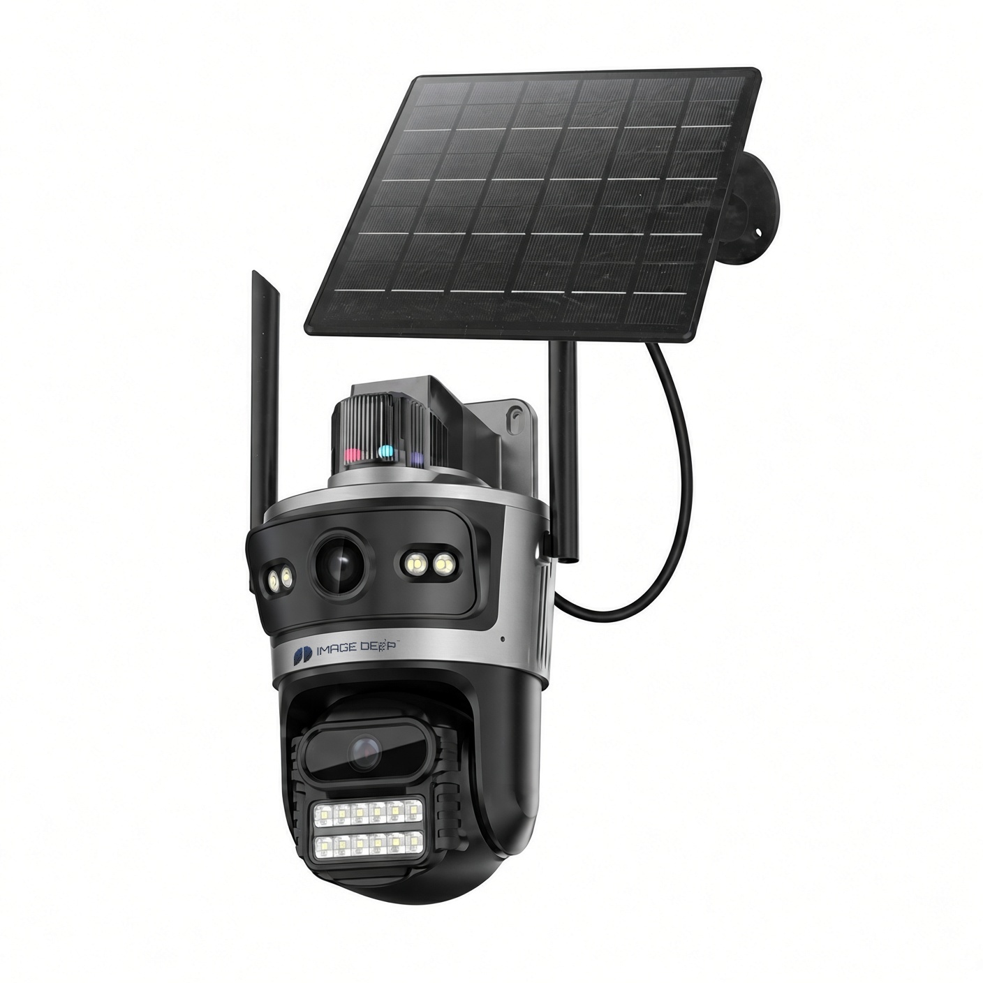 Houndlight dual-lens solar 4G AI security camera unit with ImageDeep logo branding