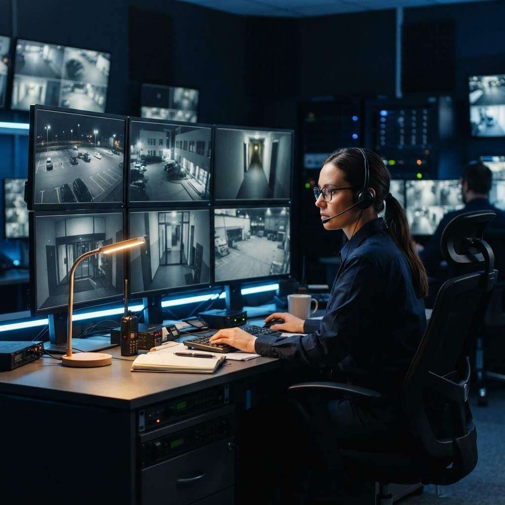 Operator desk — live CCTV monitoring room, operators with headsets at multi-monitor desks