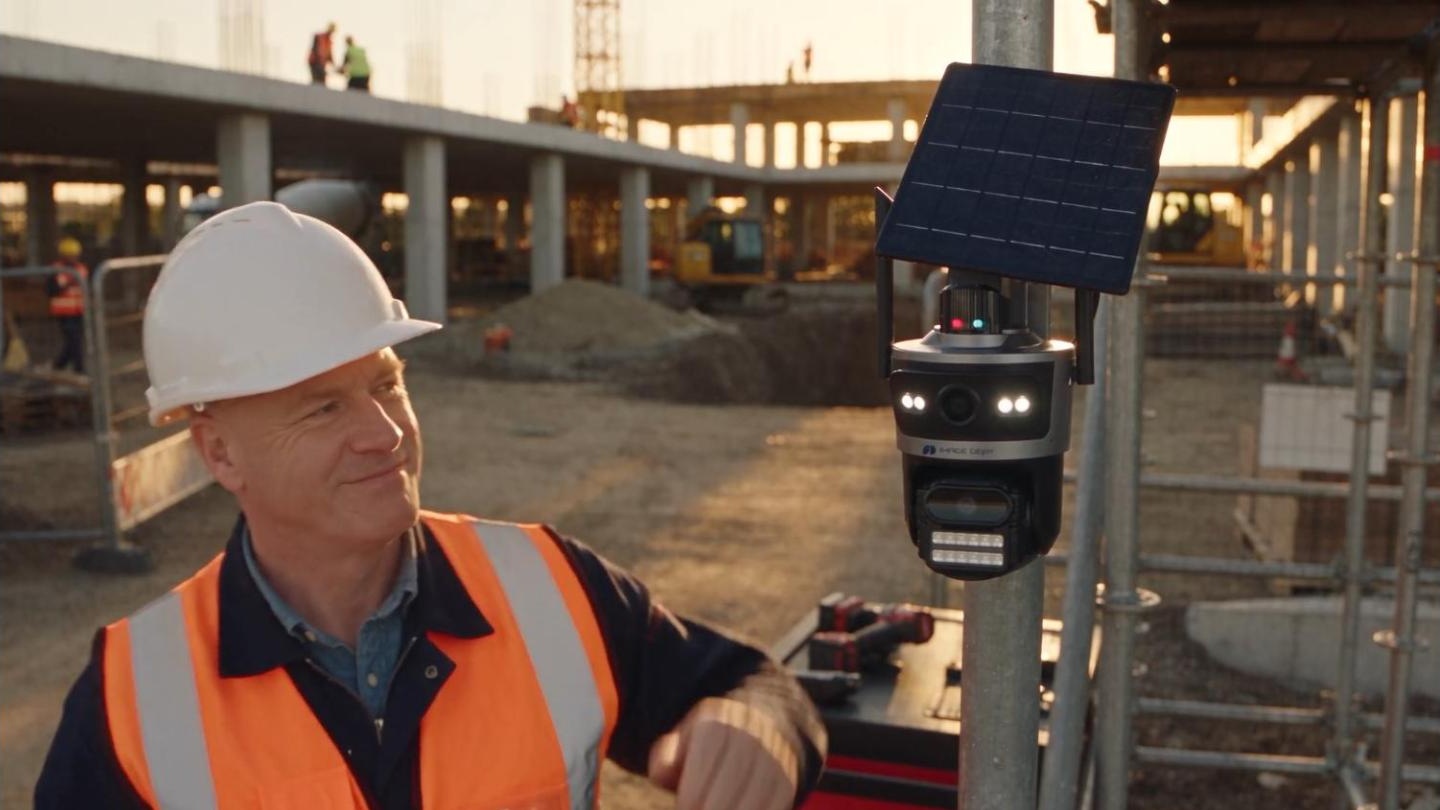 HoundLight-Alarmeinheit an einem Gerüstpfosten auf einer Baustelle zur goldenen Stunde, neben einem Bauarbeiter mit Helm
