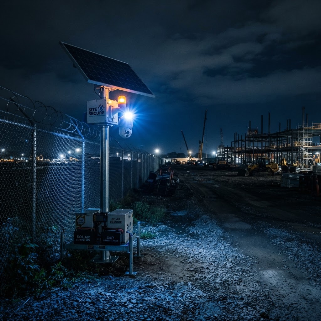 Off-Grid Sentinel solar security unit on a pole at a remote night construction site with blue-white deterrent light