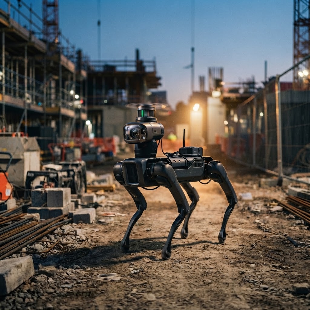 SHELi autonomous four-legged patrol robot on a construction site at dusk