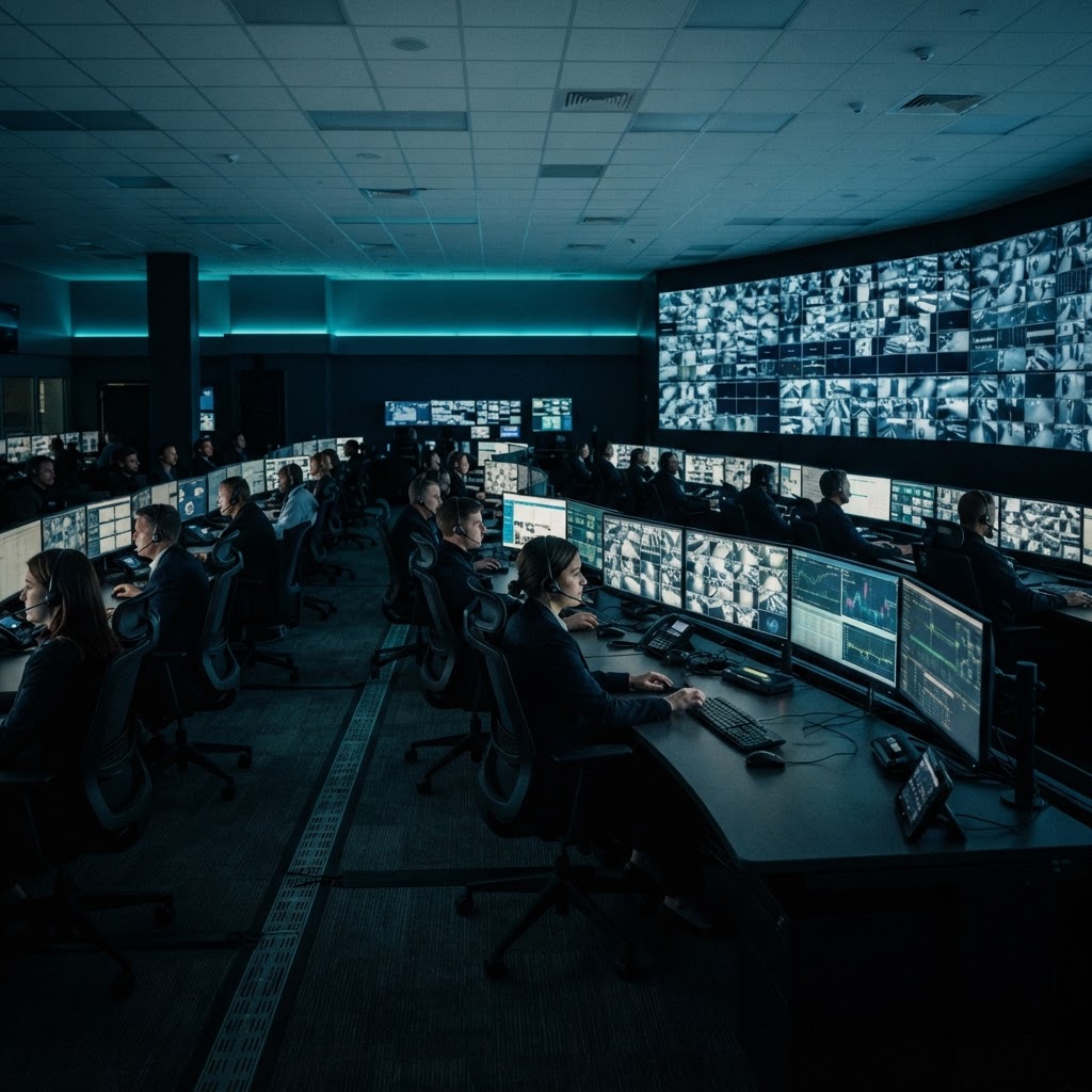 Multi-desk floor — live CCTV monitoring room, operators with headsets at multi-monitor desks