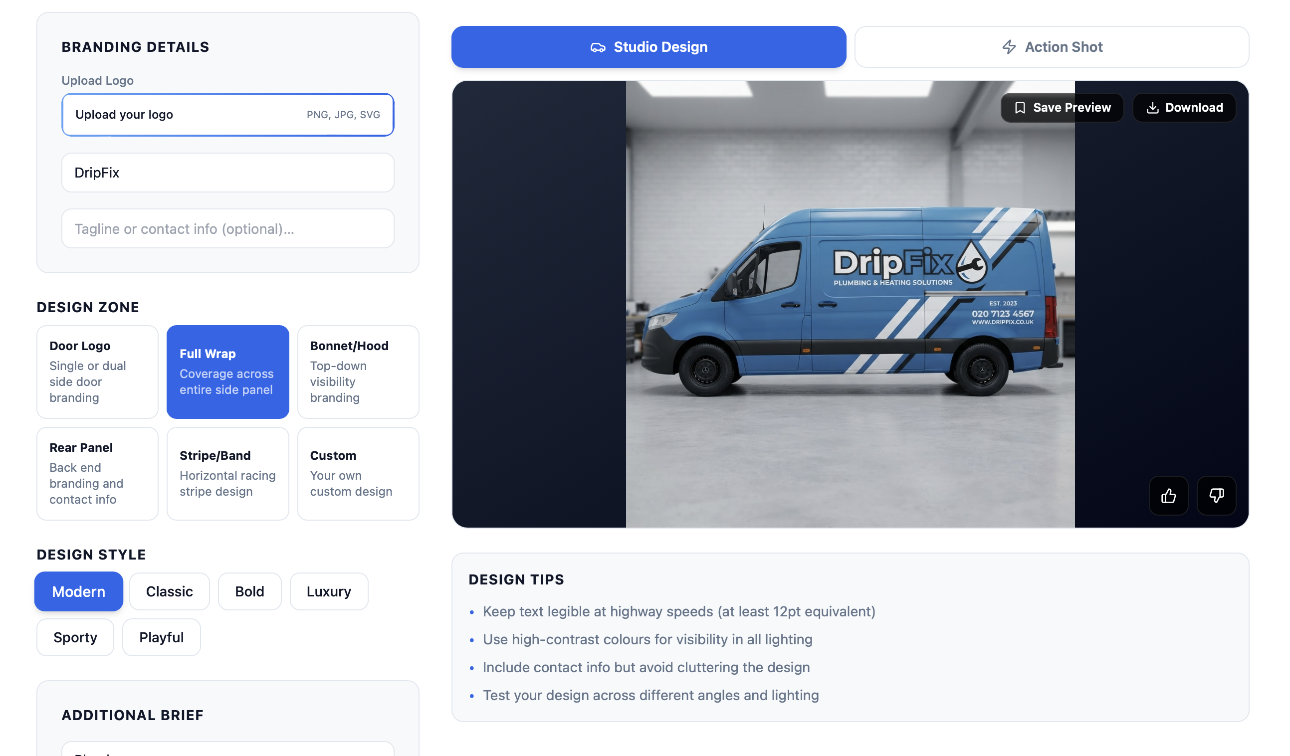 Vehicle branding studio preview with design zones and van render