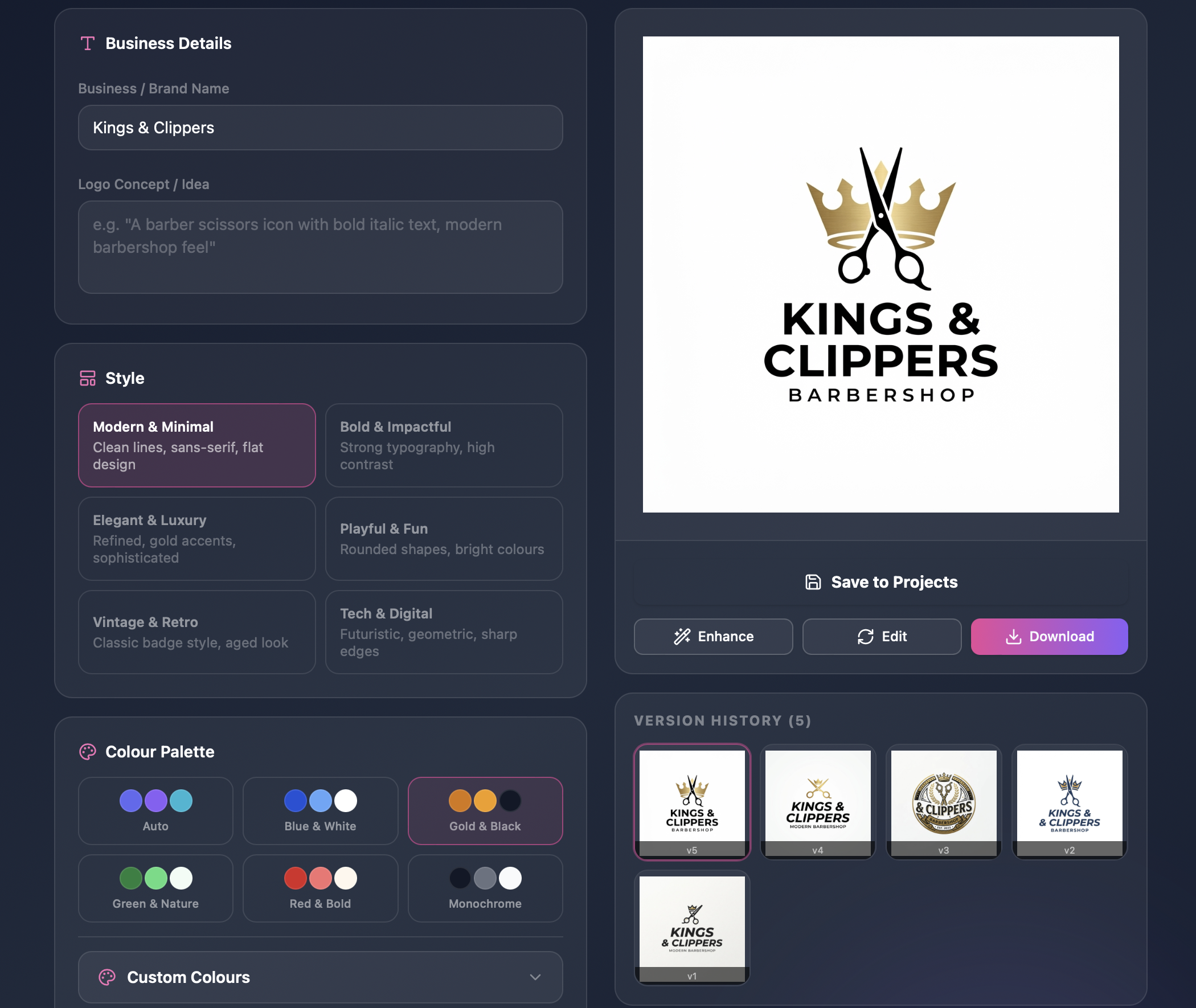 Logo Designer preview, enhance and version history