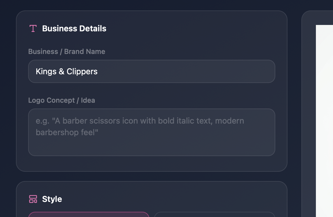 Logo Designer business details and style panel