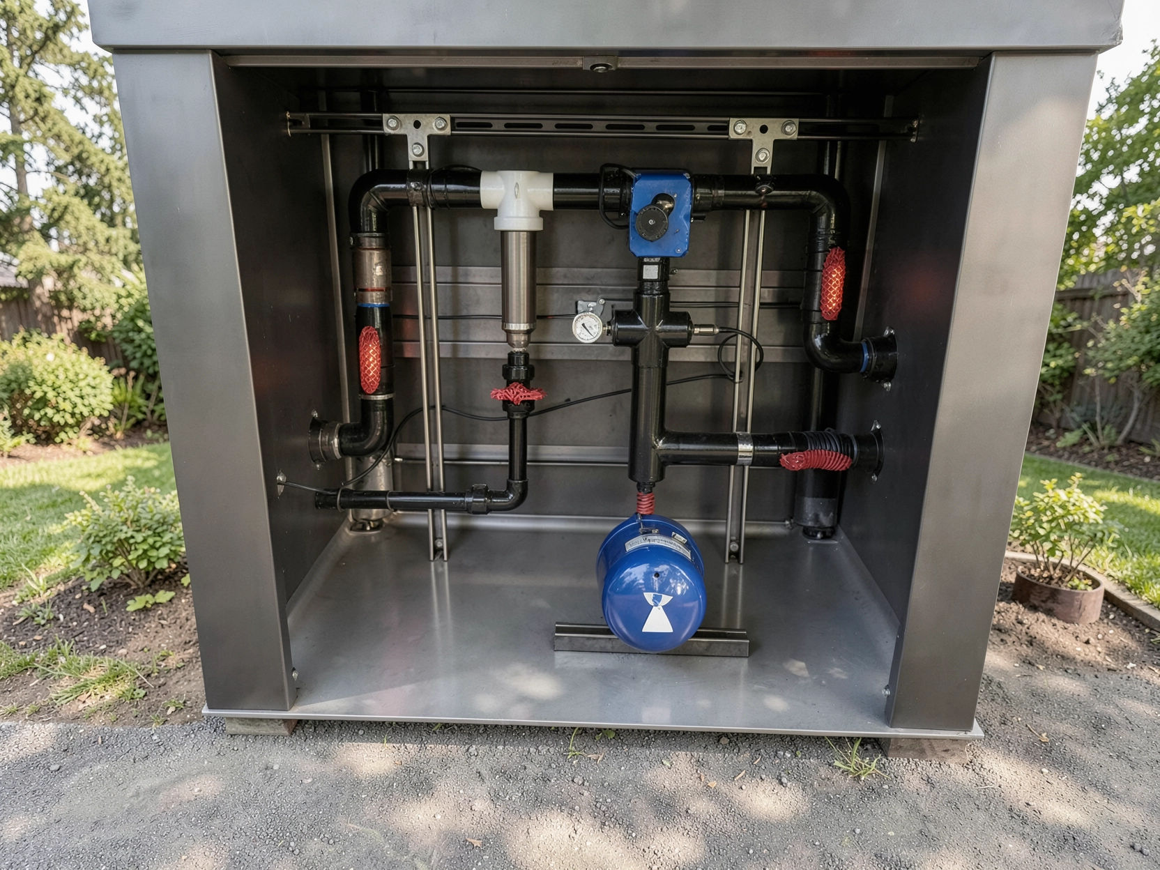 Skid-mounted pump assembly with pressure tank, gauge and filtration