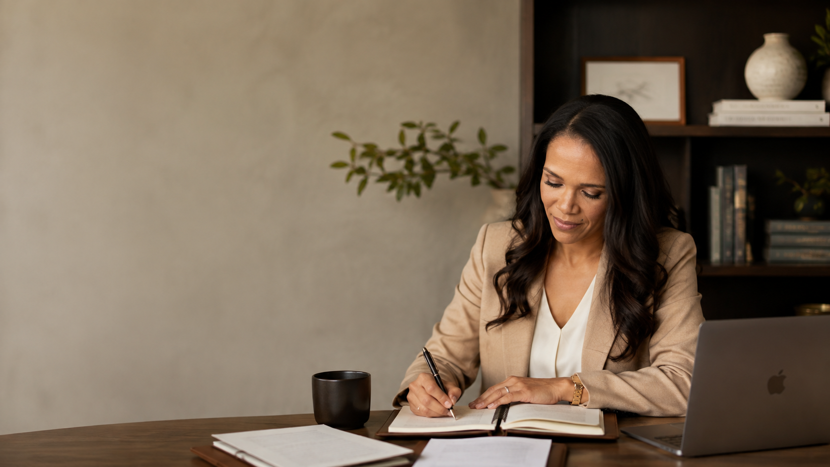 Elena Rogers writing in a planner at her desk