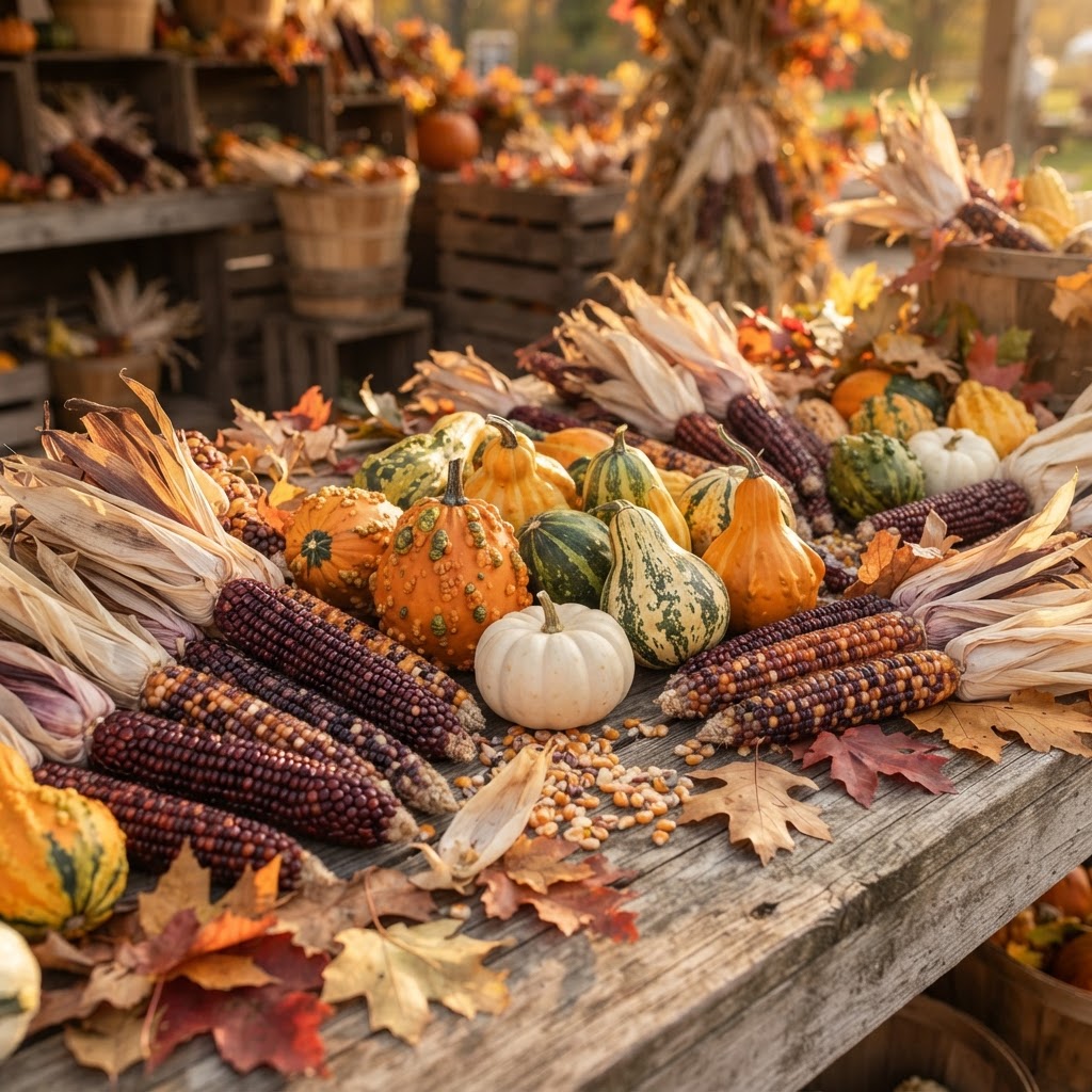 The Art of Rustic Autumn Displays: Indian Corn, Gourds, and the Magic of Natural Texture