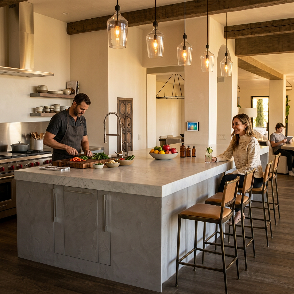 Raw concrete-finish cabinet doors, a double marble slab island, industrial hardware