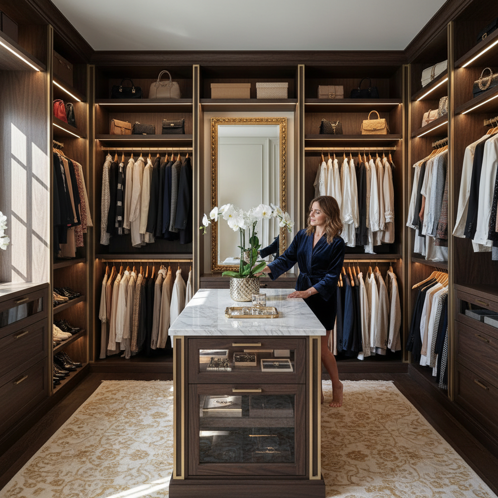 Woman selecting outfit from luxury custom walk-in closet