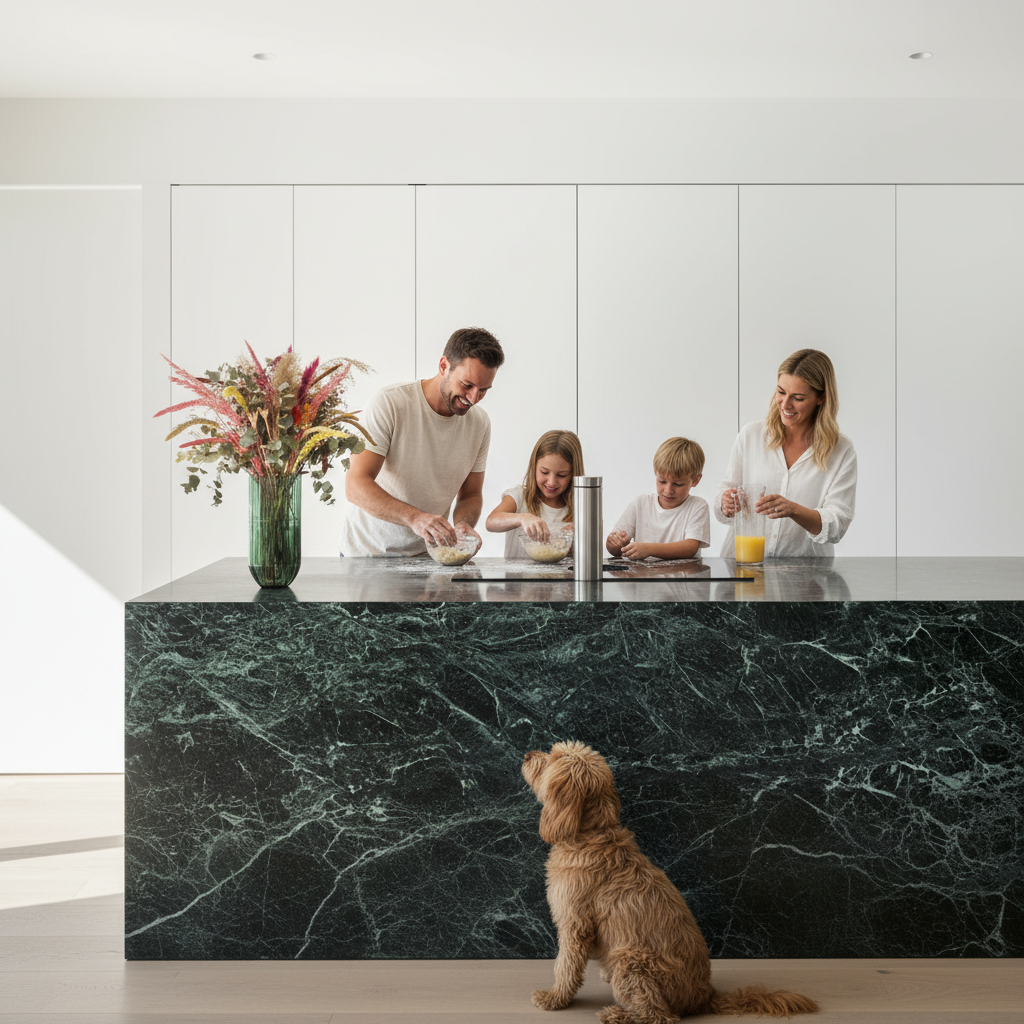 Striking modern kitchen featuring a deep green island as the focal point, contrasting with matte black lacquer perimeter cabinetry and white upper cabinets