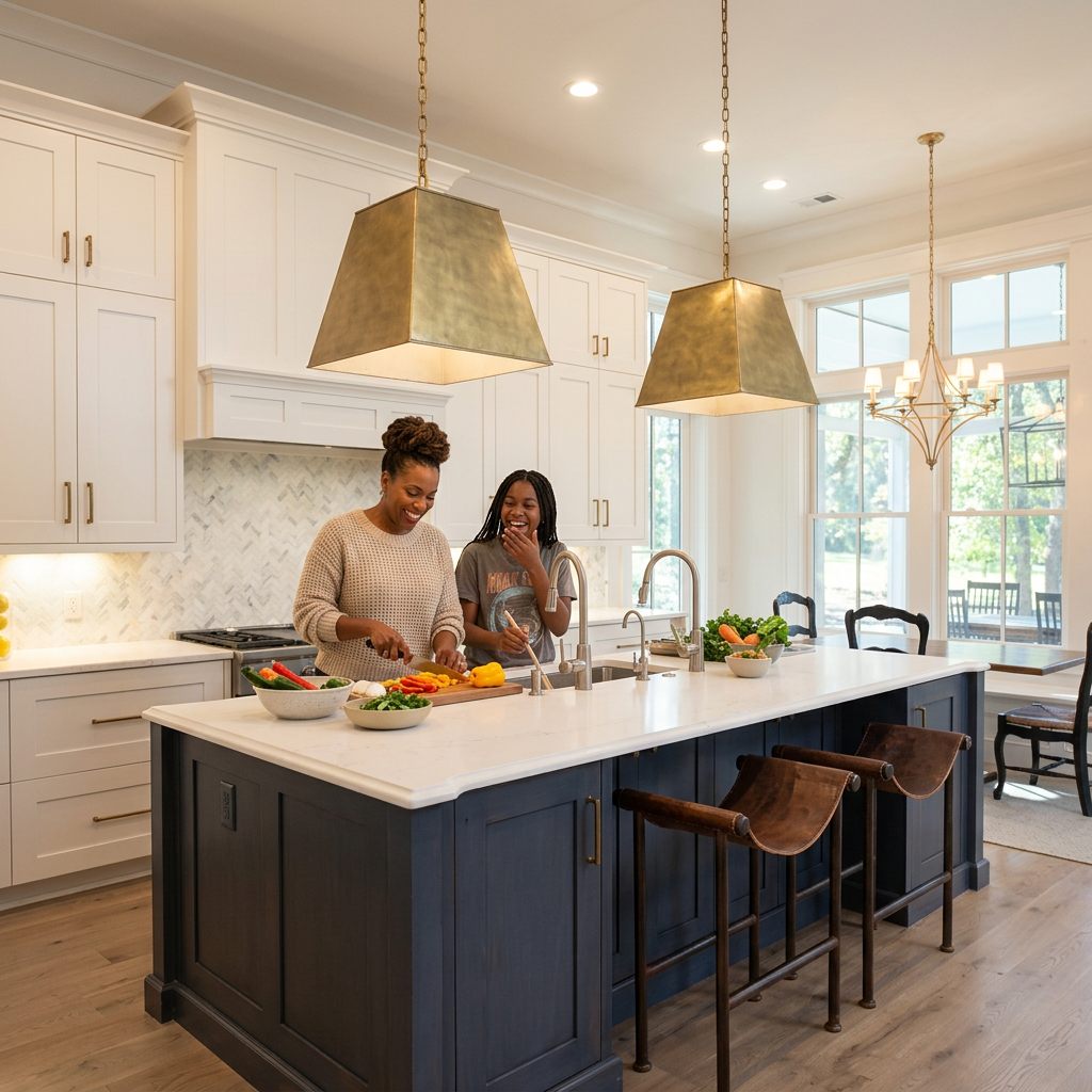 The answer: white shaker cabinetry, a wide stone island for gathering, brushed gold pendants that cast the right light at every hour, and a layout designed around how they