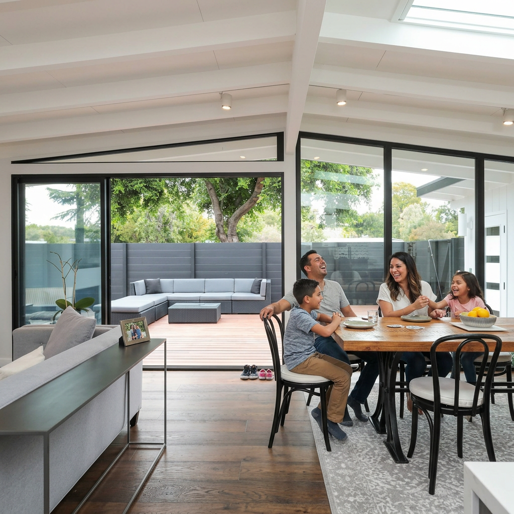 Mid-century modern Mountain View home with an open-concept kitchen and living area, hardwood floors, and a landscaped outdoor deck.