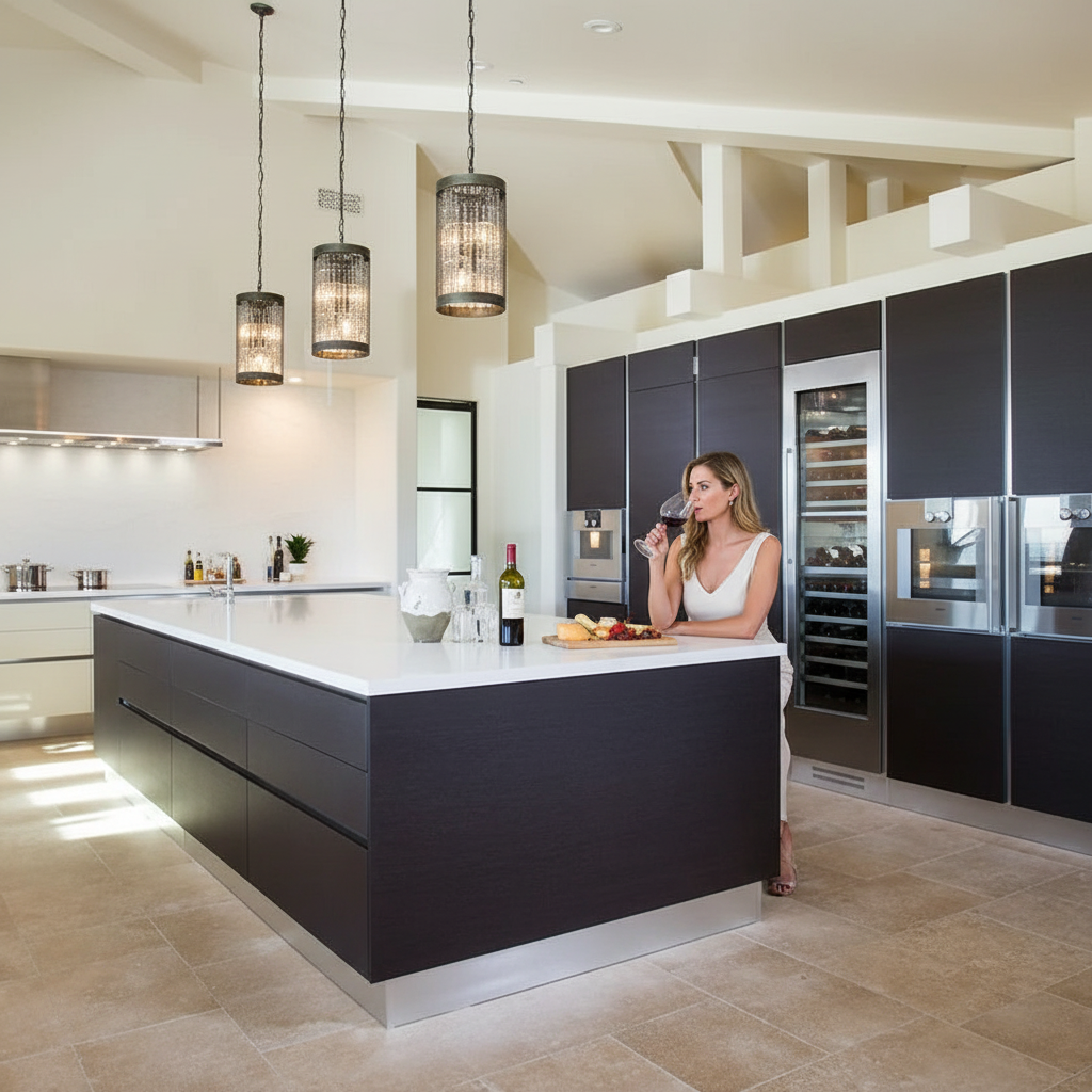 Dual-kitchen design in Santa Barbara featuring a main cooking kitchen in warm wood with lacquer accents, plus a secondary prep kitchen