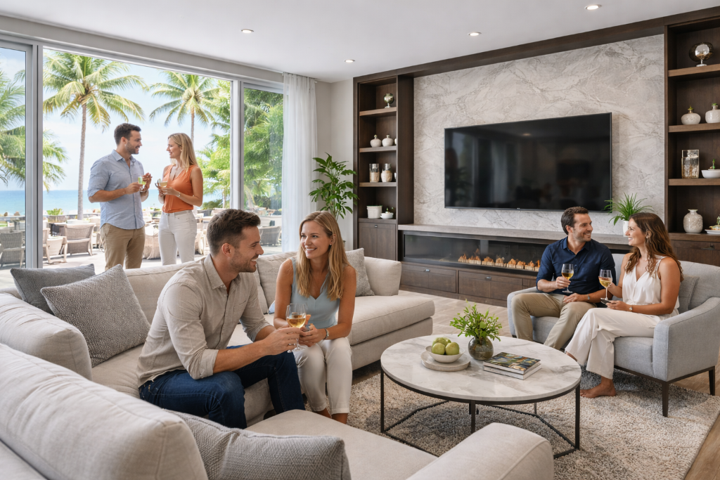 Modern living room with floor to ceiling windows and a tropical view