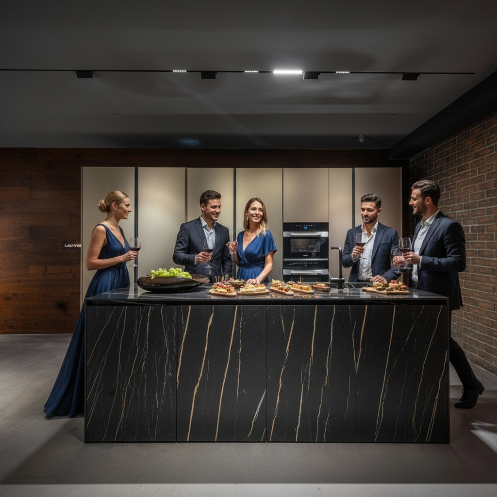 Bold contemporary kitchen design featuring a live-edge stone island paired with high-gloss gold metal lacquer upper cabinets, integrated appliances, and a seamless layout